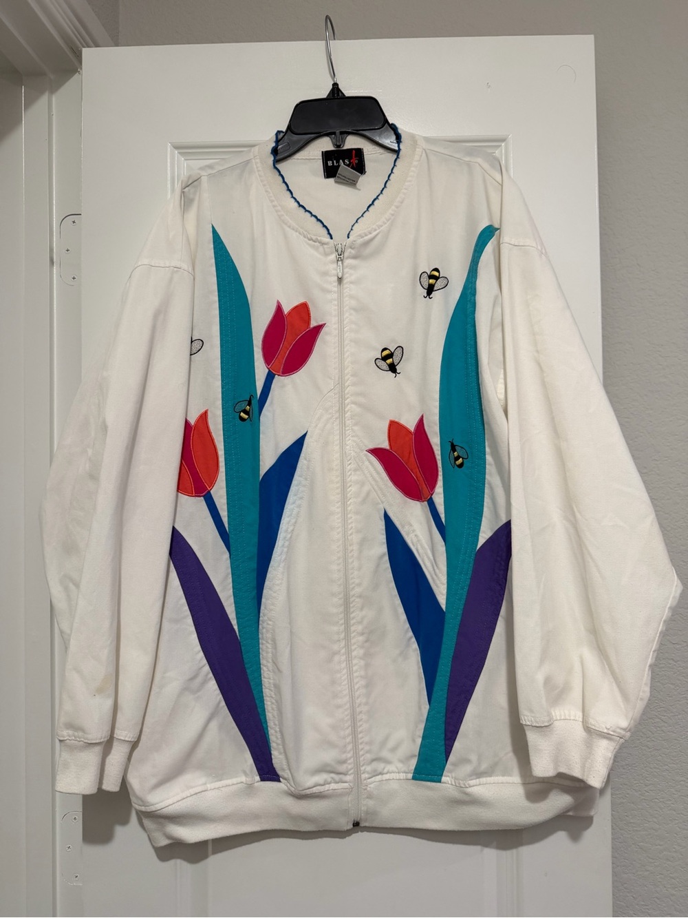 Vintage 90s BLAST Art XL Tulip Bee Floral Appliqué Zip Jacket